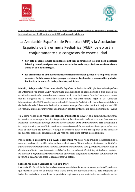 La AEP y la Asociación Española de Enfermería Pediátrica AEEP