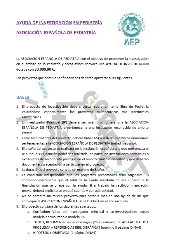 Ayuda de Investigación en Pediatría 2016 de la AEP | Asociación Española de  Pediatría