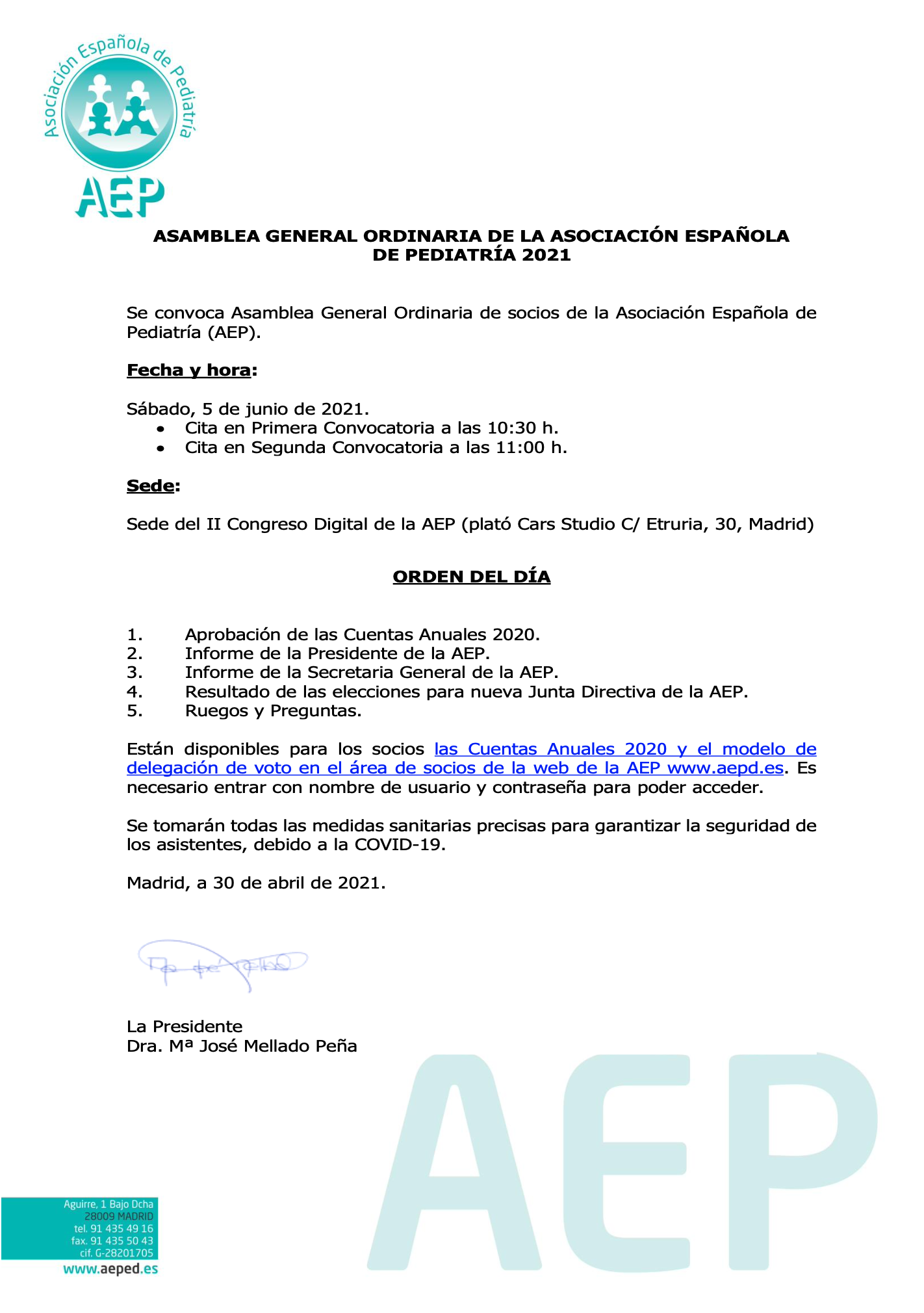 Convocatoria de Asamblea Ordinaria AEP 2021: Orden del día | Asociación  Española de Pediatría